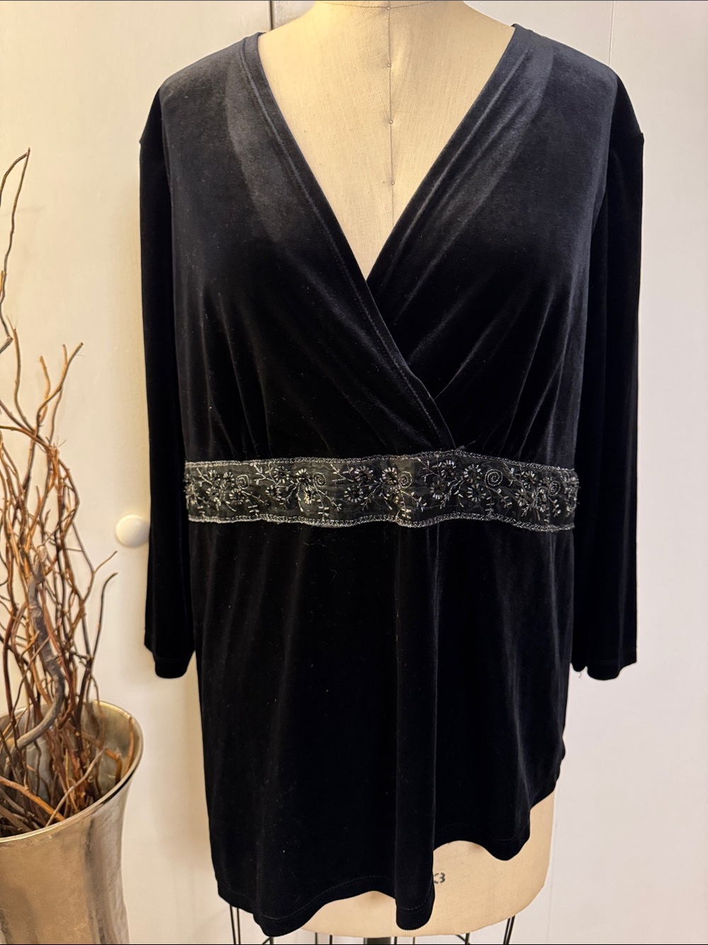 Notations Black Velvet Wrap-Front Blouse with Beaded Waist